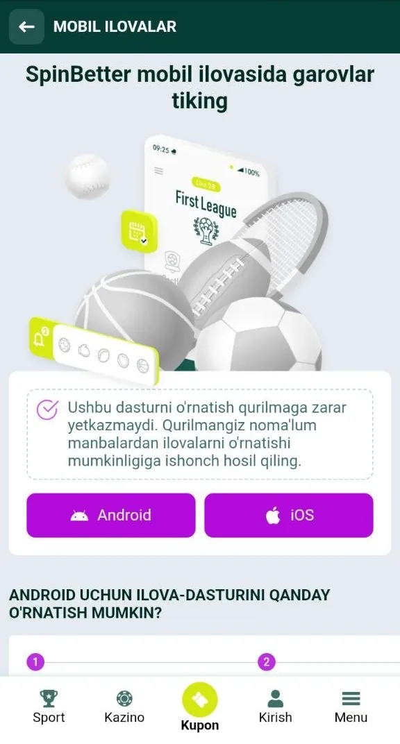 SpinBetter yuklab olish — mobil ilova va APK sahifasi