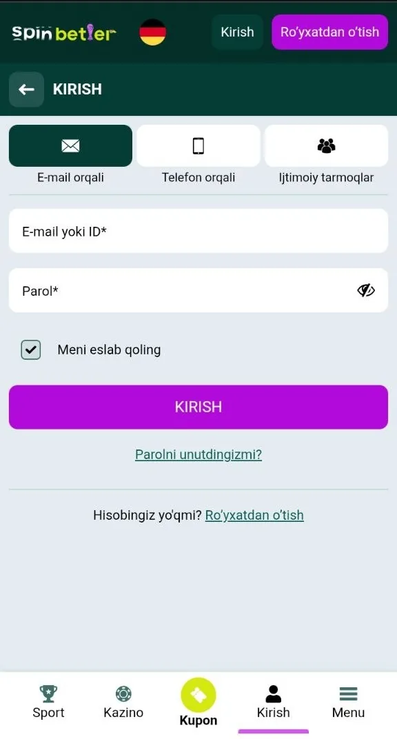 SpinBetter kirish — hisobga kirish oynasi
