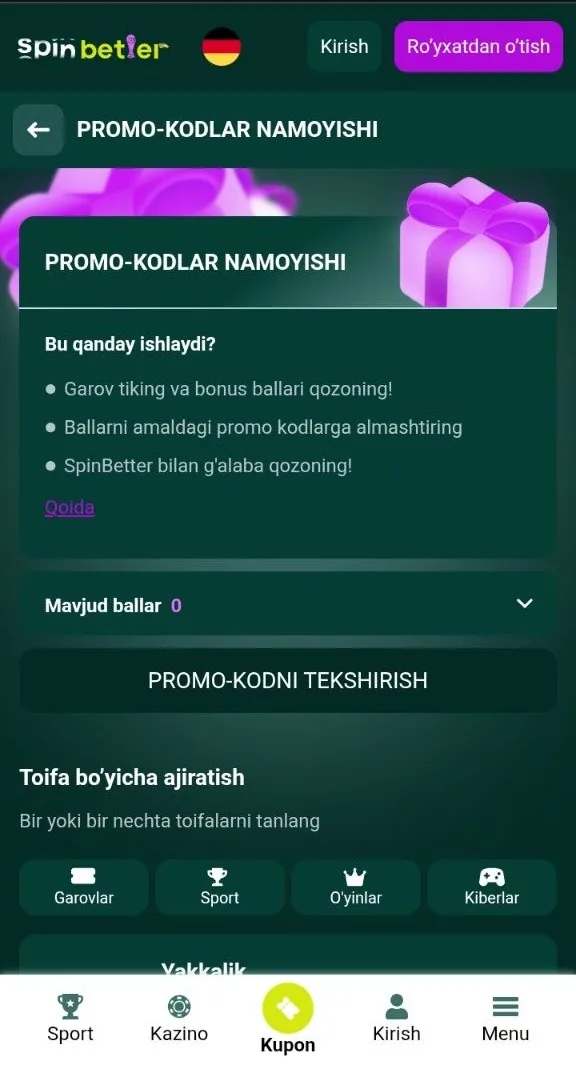 SpinBetter promokodi — ro'yxatdan o'tish shaklidagi kod maydoni