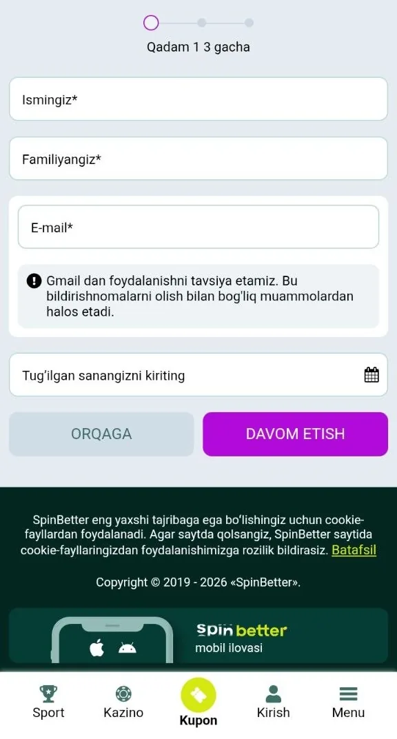 SpinBetter ro'yxatdan o'tish — hisob ochish shakli